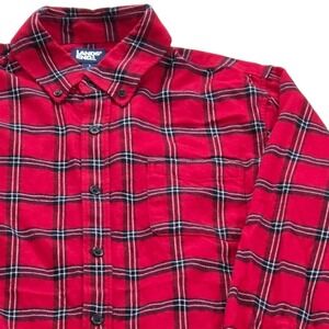 Lands' End Mens Flannel Shirt Size L (42-44) Red Black Plaid Button‎ Up